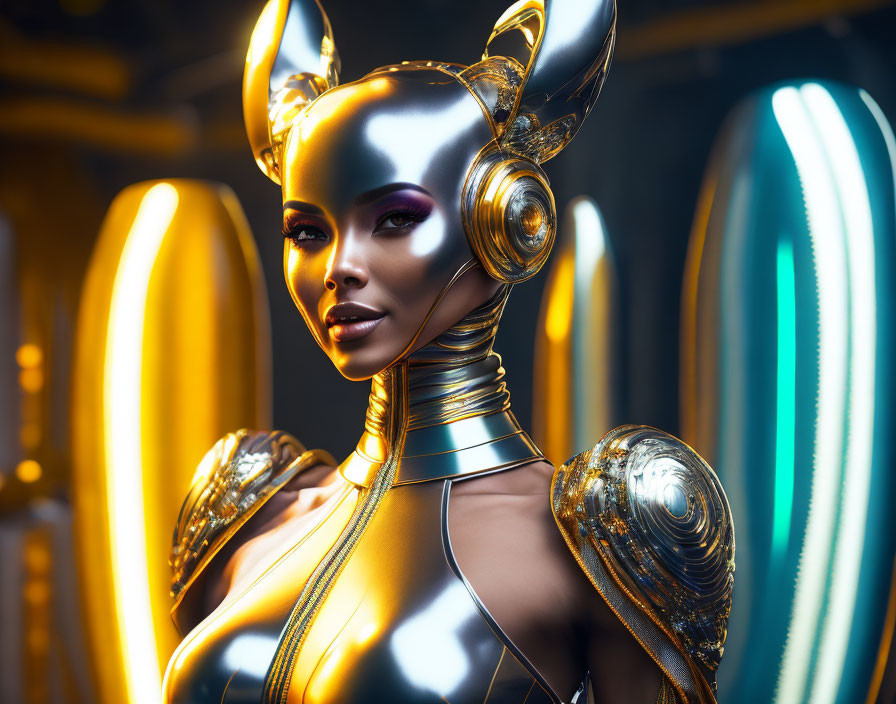 Futuristic female figure with metallic skin and elaborate headgear in warm light against neon tubes