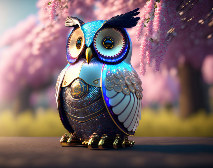 Colorful Mechanical Owl with Golden Accents Among Cherry Blossoms