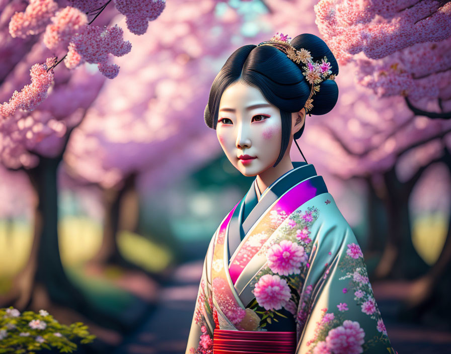 Woman in Vibrant Kimono Surrounded by Pink Cherry Blossoms