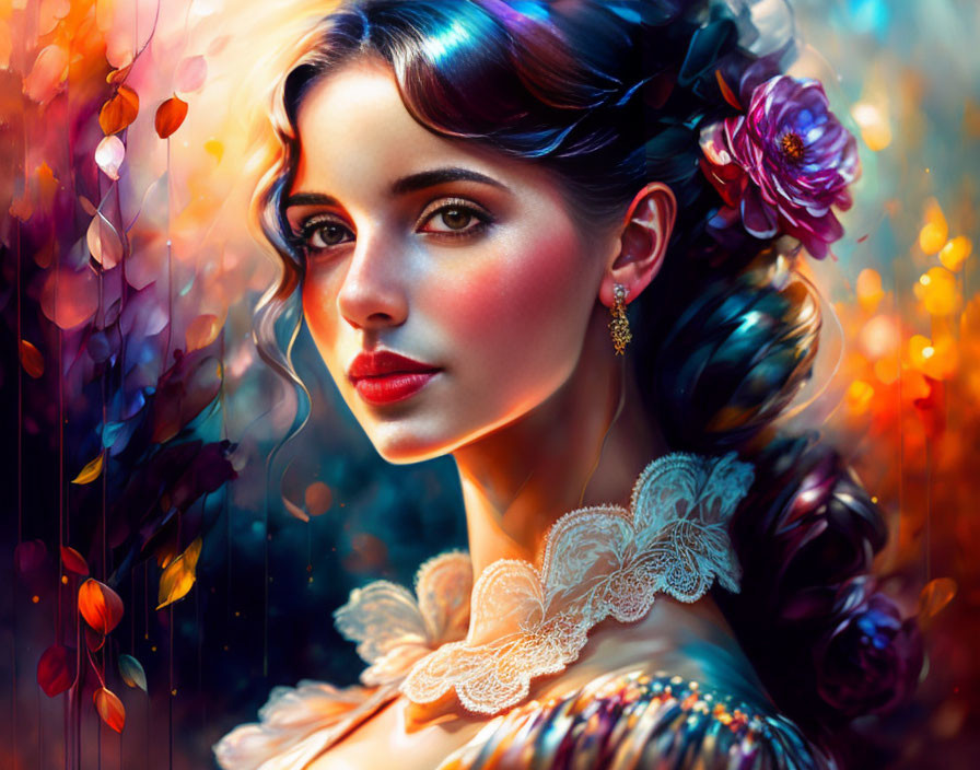 Digital artwork: Woman with dark hair and flowers against vibrant autumn background