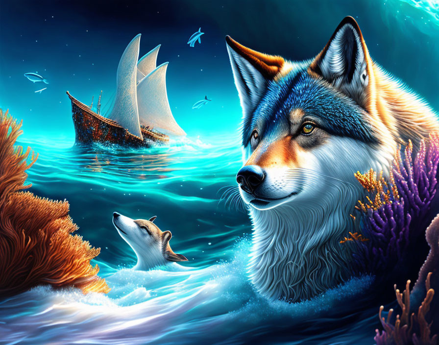 Colorful digital art: wolf, coral, dolphin, ship underwater at night