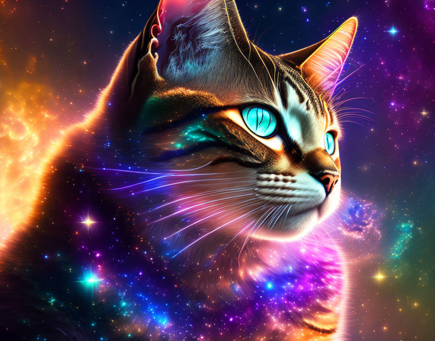 Cosmic cat digital art with glowing blue eyes in starry galaxy.