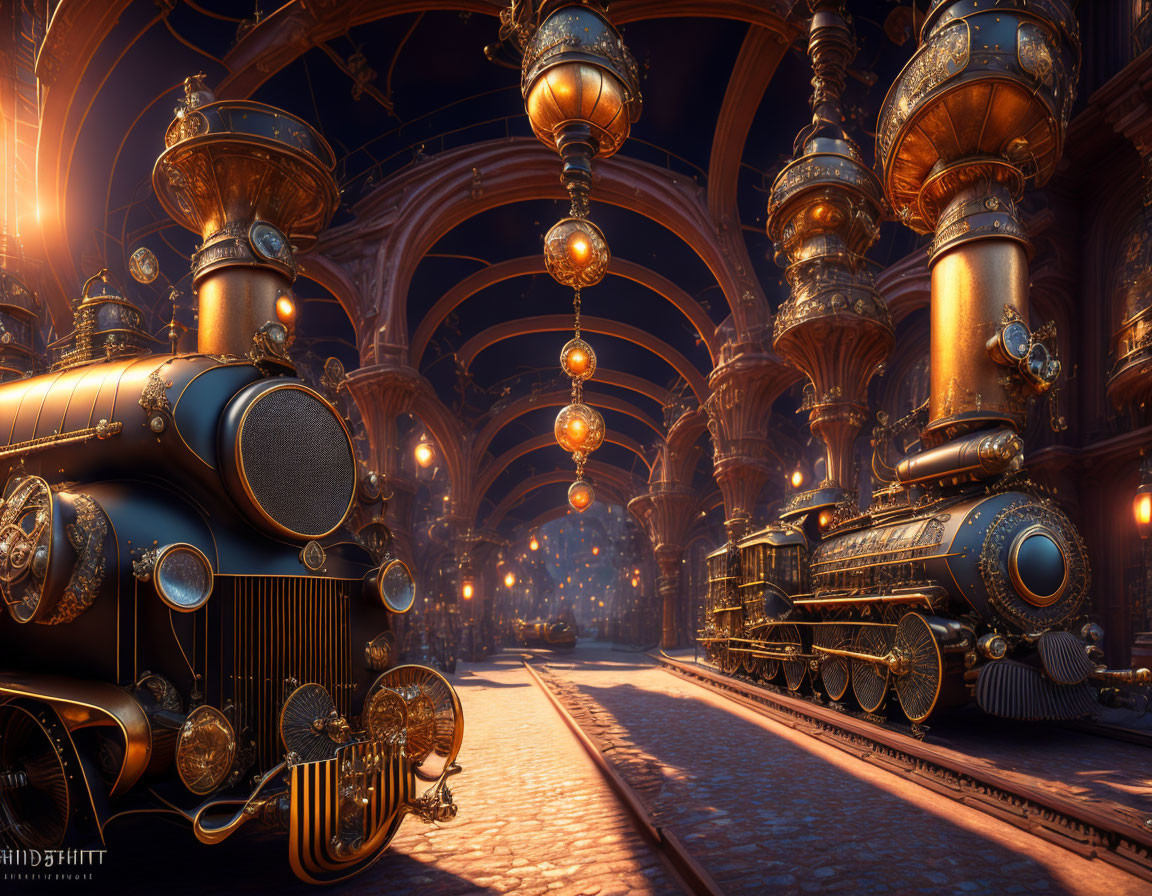 Steampunk-themed station with ornate arches and vintage train on tracks