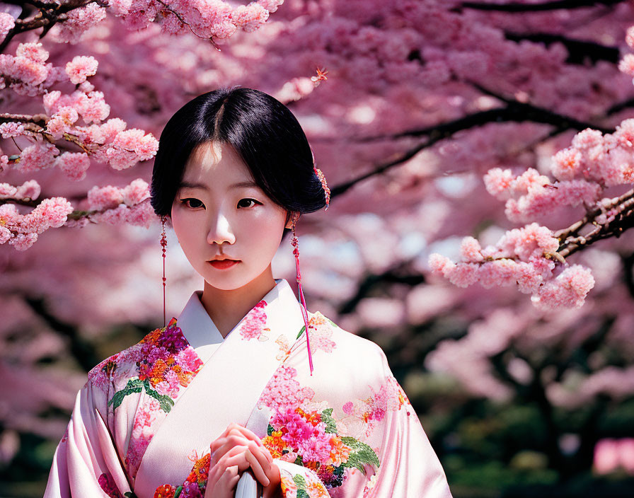 Woman in Pink Kimono Among Cherry Blossoms and Traditional Earrings