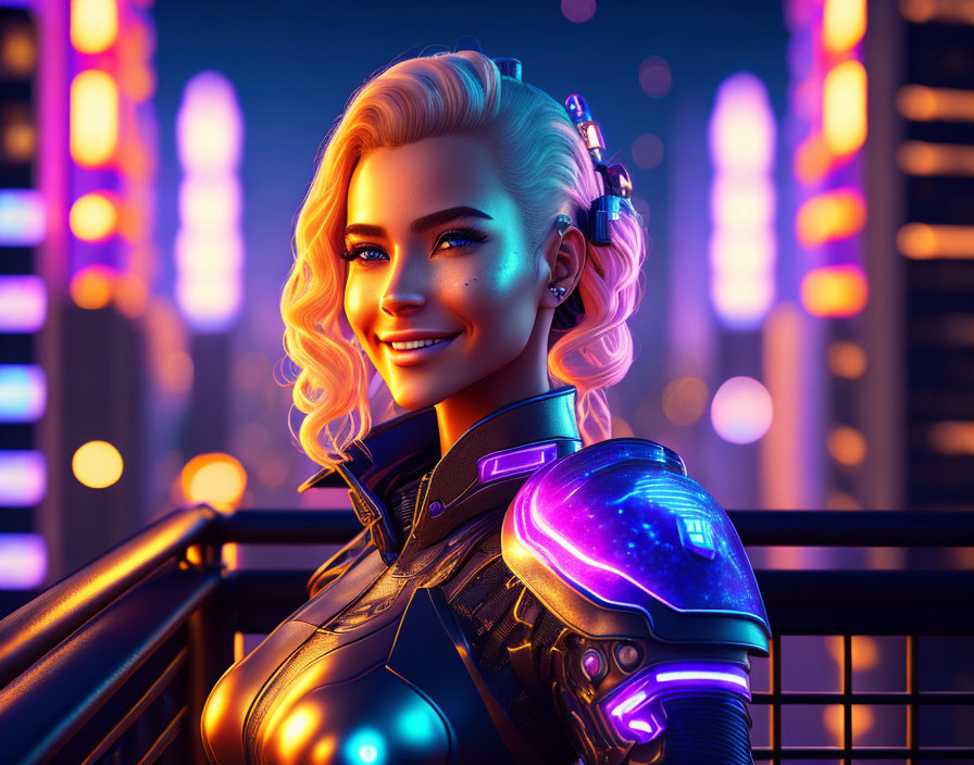 Futuristic cityscape with smiling woman and cybernetic enhancements