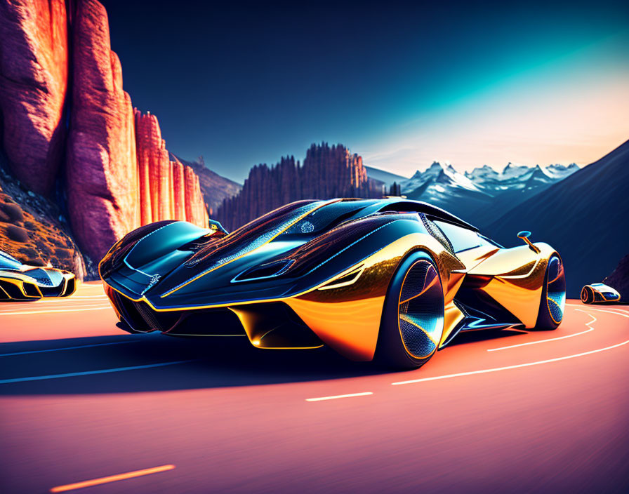 Futuristic sports cars on winding desert road at sunset