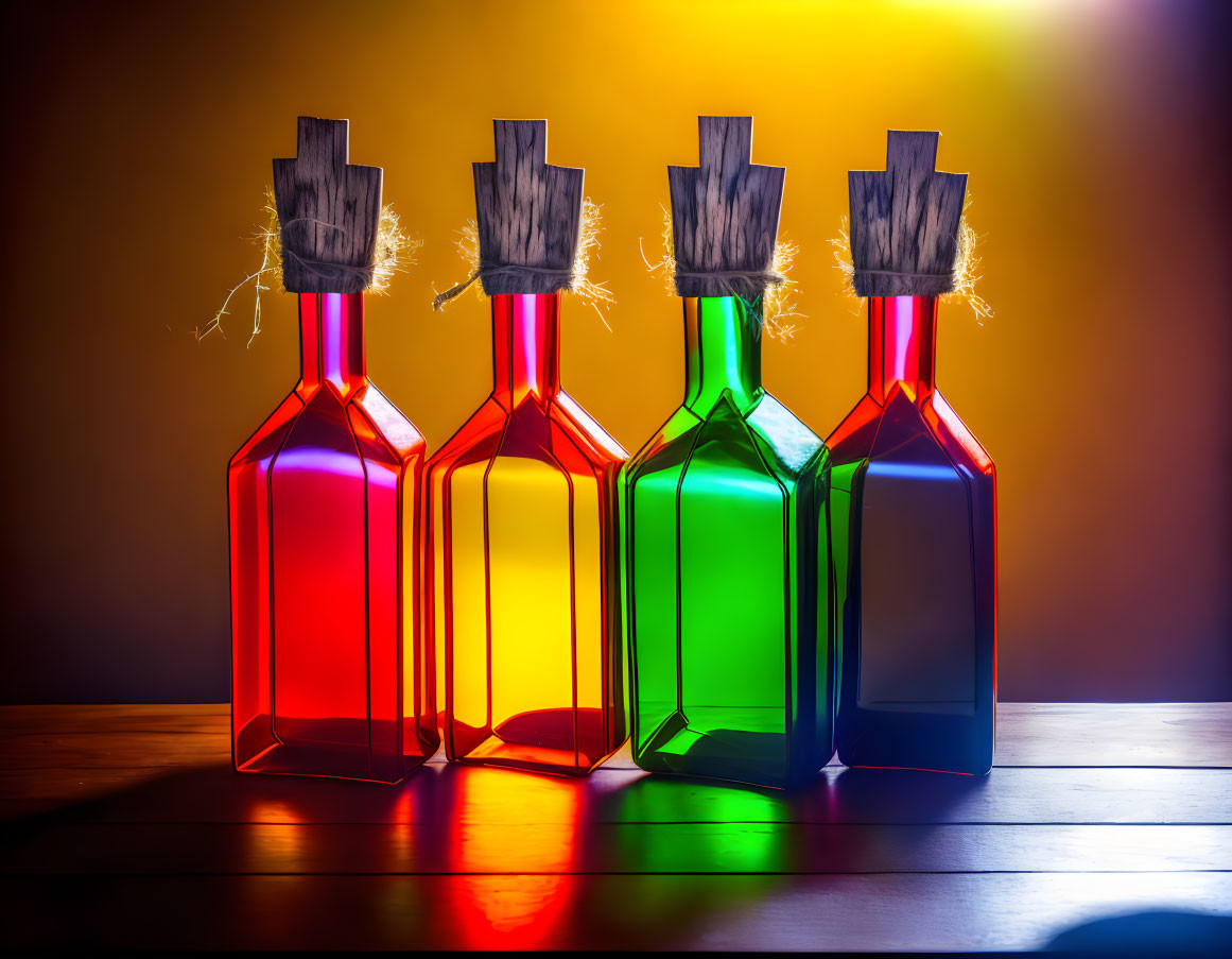 Four colorful glass bottles with corks backlit on dark background
