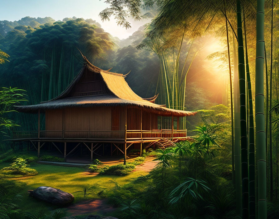 Traditional wooden house on stilts in lush bamboo forest at sunset