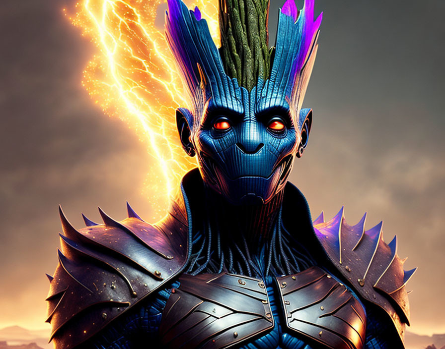 Humanoid Figure with Tree-Like Appearance and Glowing Red Eyes in Spiked Blue Armor under Dram