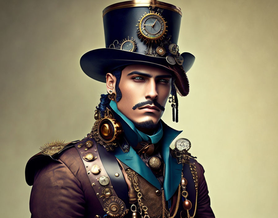 Steampunk-themed man with top hat, monocle, and blue scarf.