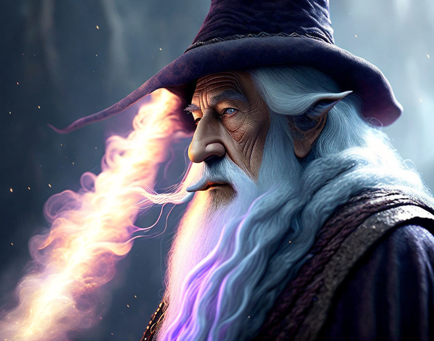 Wizard with Long White Beard and Pointed Hat Creating Colorful Magical Smoke