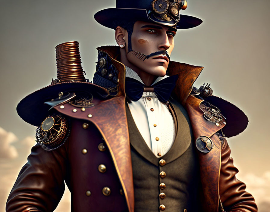 Steampunk-themed 3D rendering of a man in top hat and leather coat