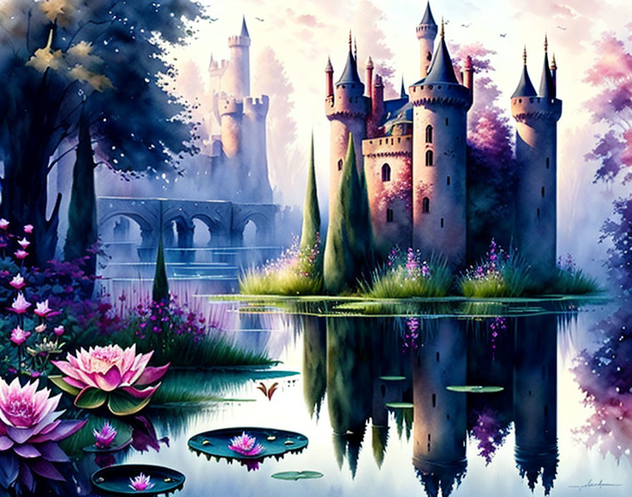 Fantasy castle with spires reflected in tranquil lake amid lush foliage