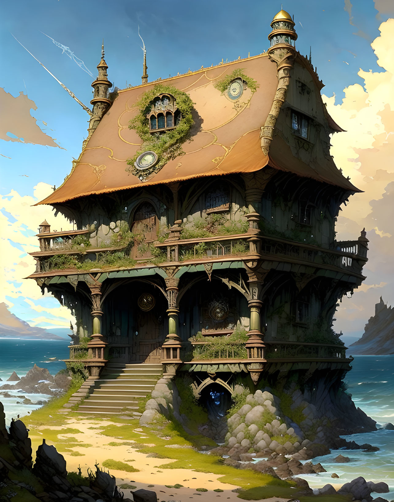 Unique Cliffside House with Turrets and Greenery