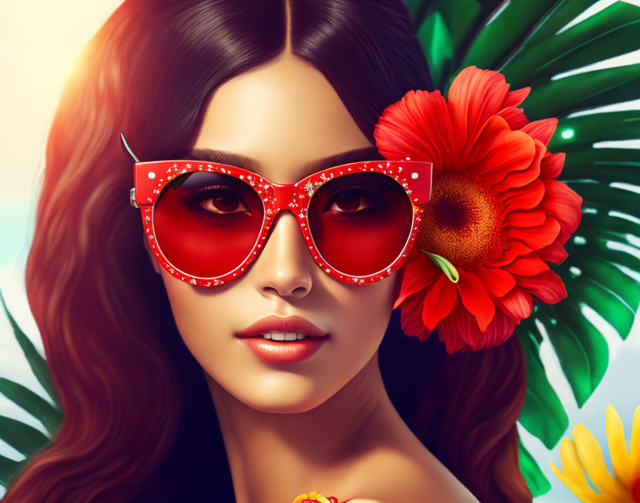  Tropical Sun Woman with Sunsglasses and Flower in