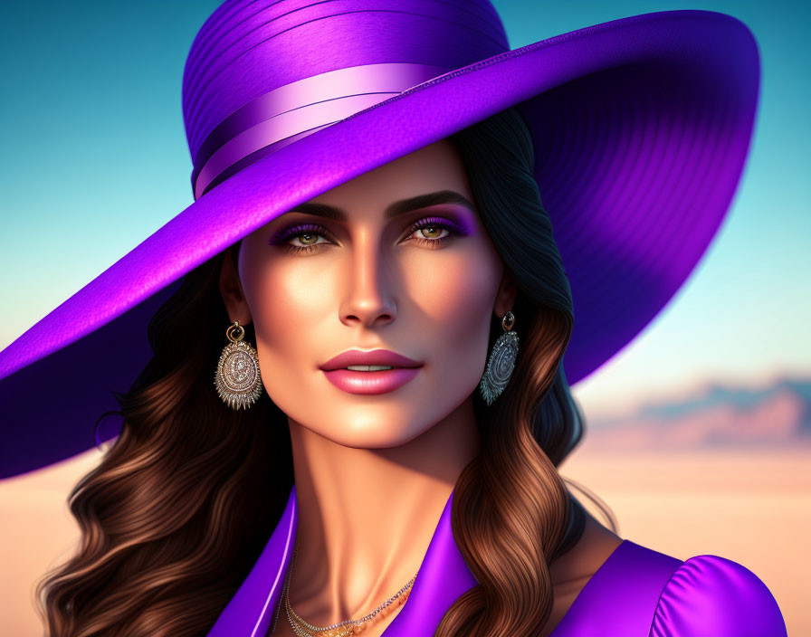 Woman in a purple dress and purple hat,with earrin