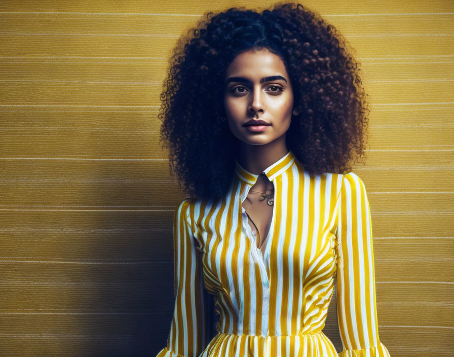 young woman with curly hair,in yellow,white stripe
