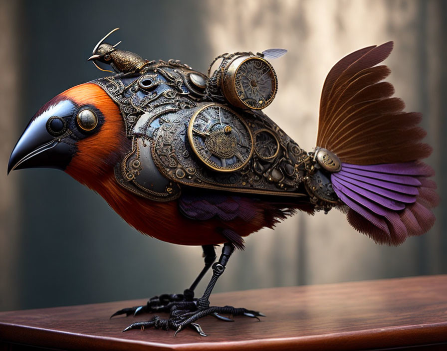 Steampunk-style bird sculpture with mechanical gears and vibrant plumage on wooden surface