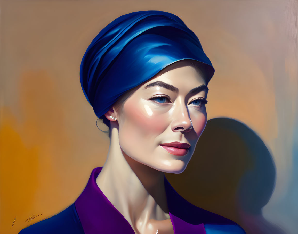 Portrait of Woman with Blue Headscarf and Rosy Cheeks on Warm Background
