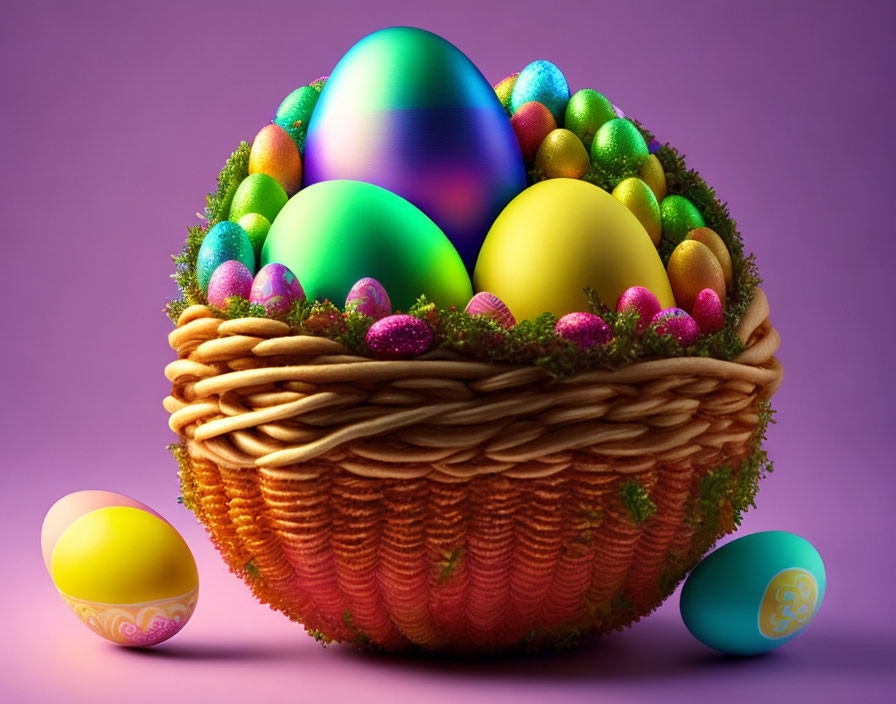Colorful Easter Basket with Patterned Eggs on Purple Background