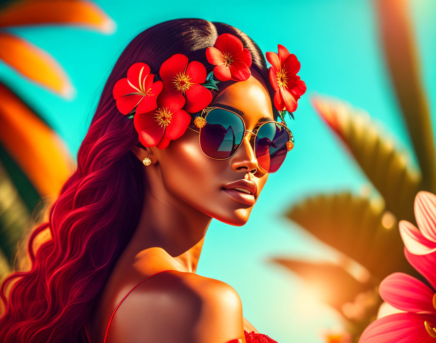 Tropical Sun Woman with Sunsglasses and Flower in