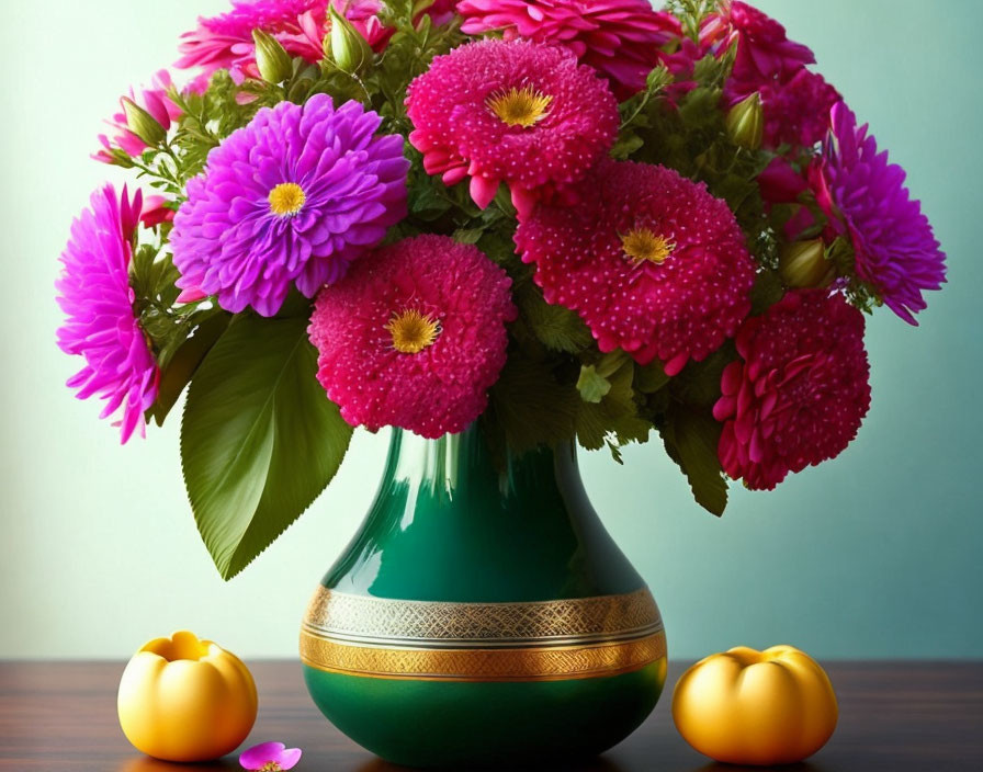 Colorful pink and purple flowers in green vase with orange pumpkins on table