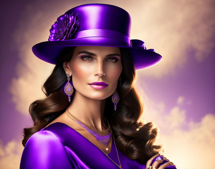 Woman in a purple dress and purple hat,with earrin