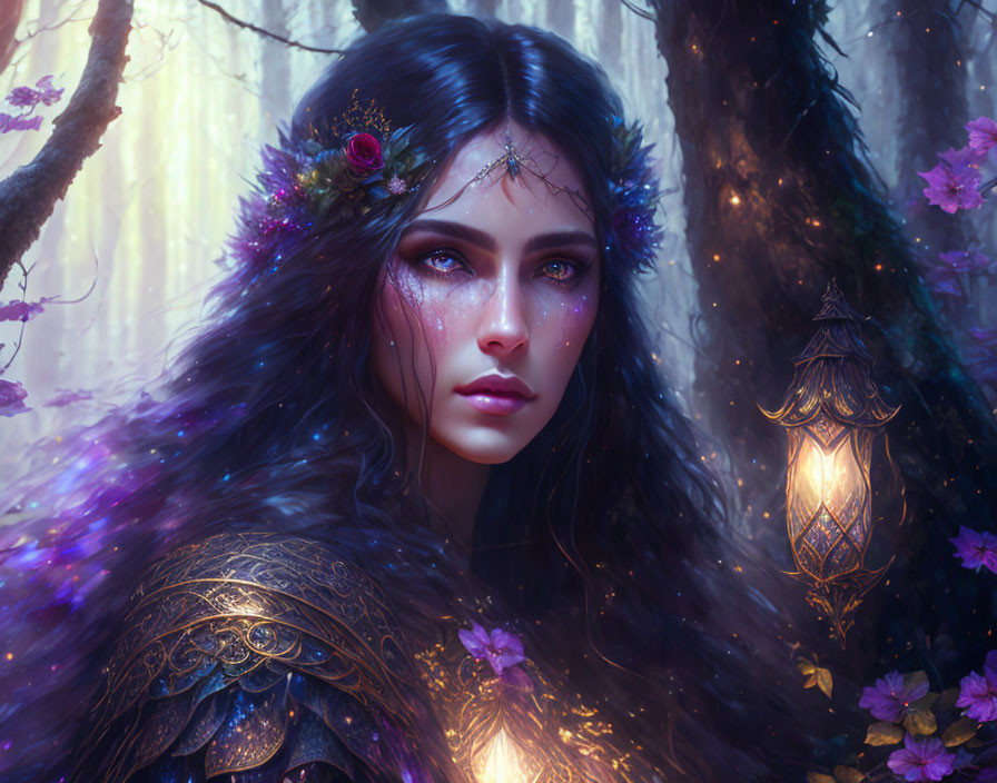 Mystical female figure with blue eyes in starlit purple cloak in enchanted forest