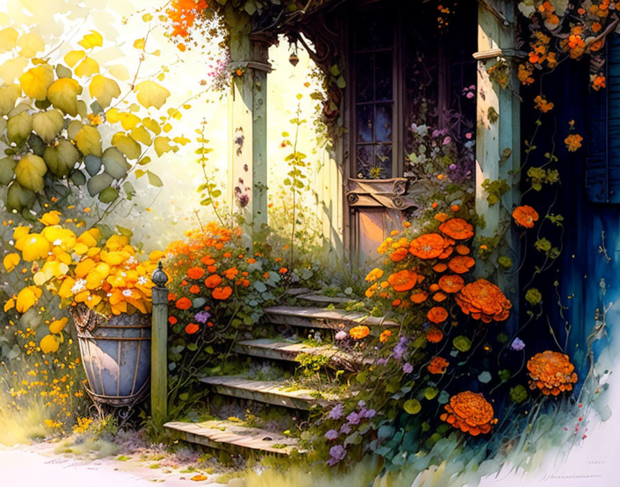 Charming cottage doorway with orange flowers and wooden barrel