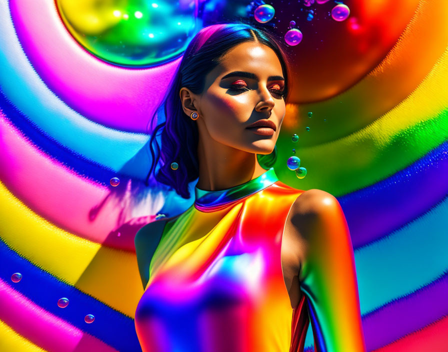  Young woman in a short,tight dress,colorful rainb