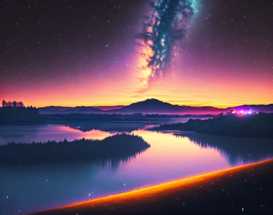 Tranquil lake reflects vivid sunset and starry sky with cosmic phenomenon above mountains.