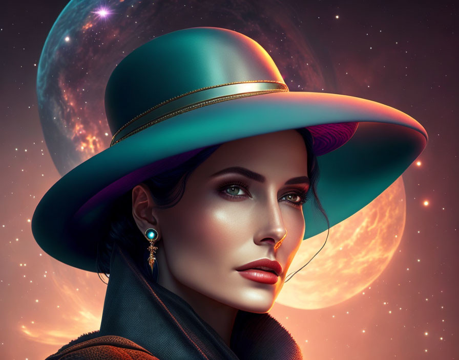 Digital art portrait of woman in wide-brimmed hat against cosmic backdrop