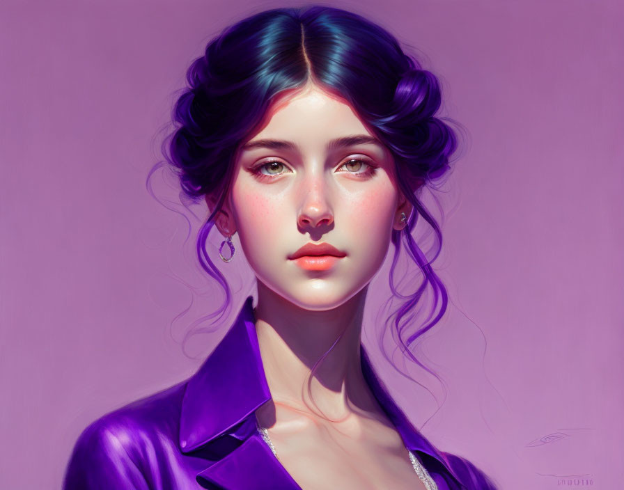 Illustration of woman with blue hair, fair skin, rosy cheeks, purple jacket, subtle necklace