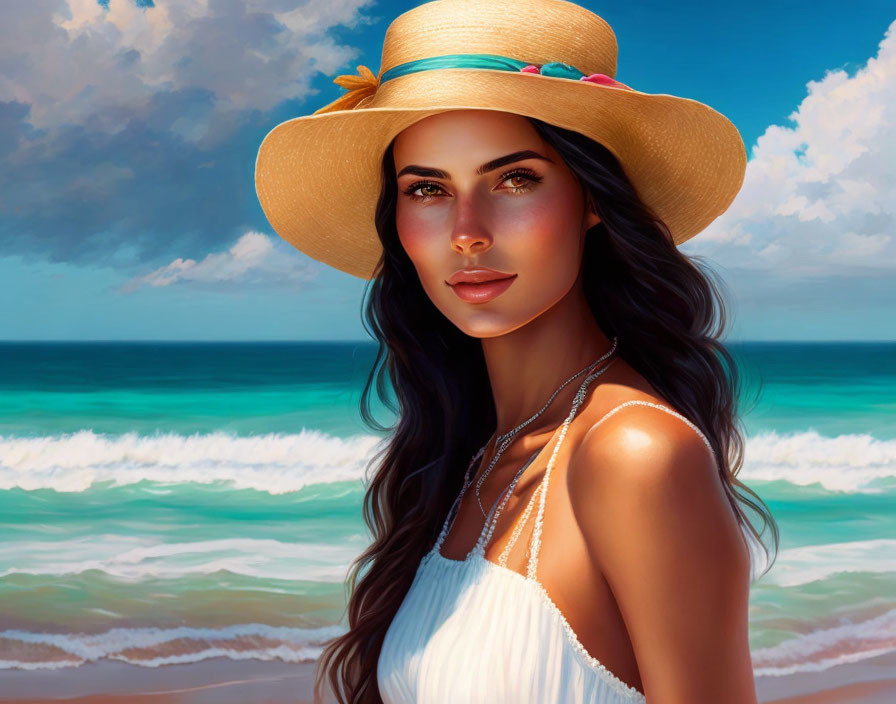 Dark-Haired Woman in Straw Hat and White Dress at Vibrant Beach