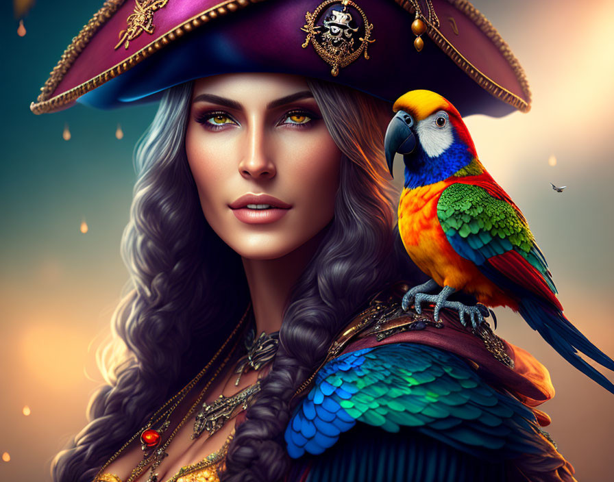 Beautiful woman with pirate hat and parrot on shou