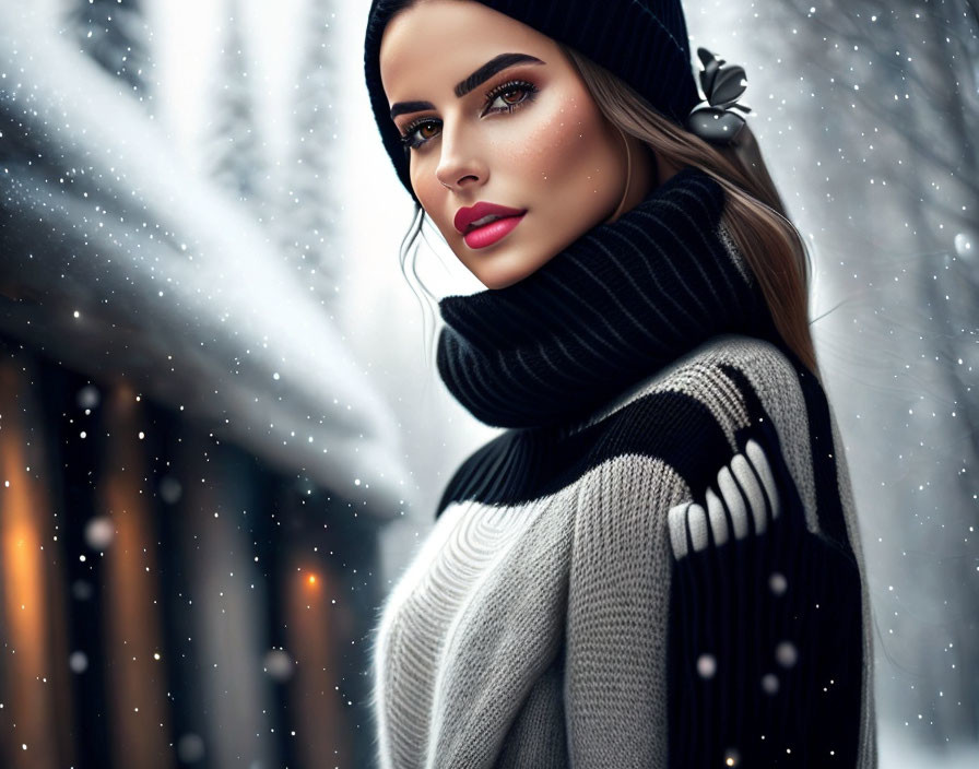 young woman with pretty face in black long sweater