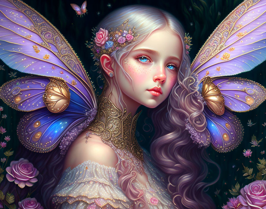 Fantasy illustration: Young girl with intricate butterfly wings in soft pastel tones surrounded by flowers