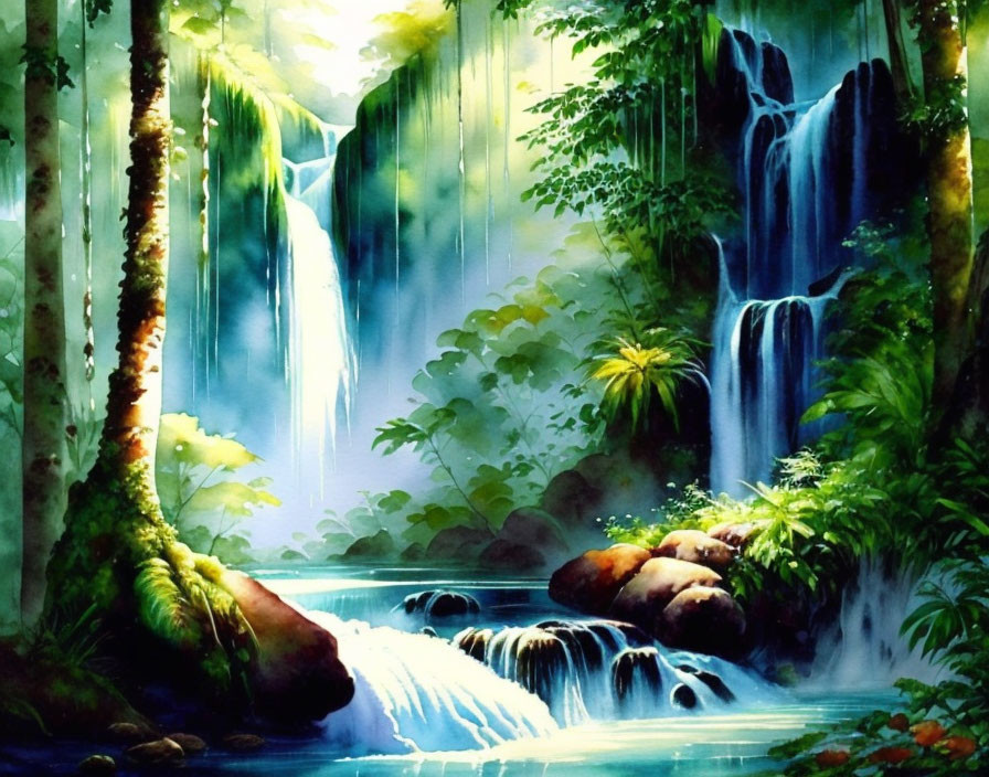  create a watercolor of a waterfall in the Amazon 