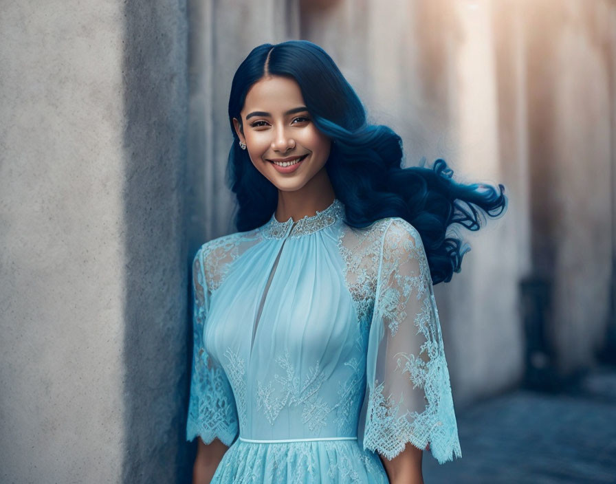   young,smiling woman in light blue lace dress,ful