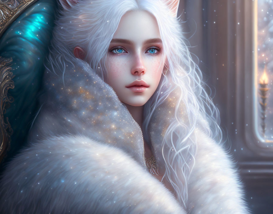 Digital artwork: Young woman with white hair, blue eyes, fair skin, in luxurious fur cloak