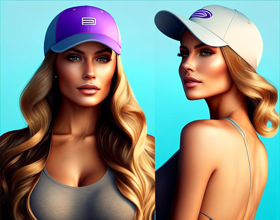Illustrated women with long wavy hair and baseball caps on blue background