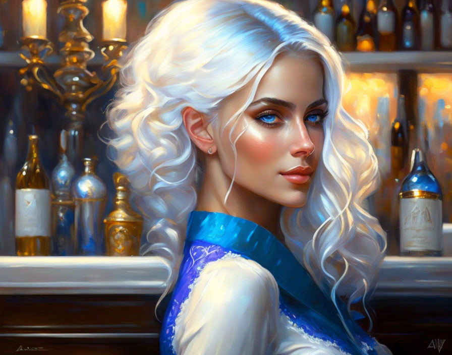 Portrait of woman with blue eyes and white hair in bar setting.