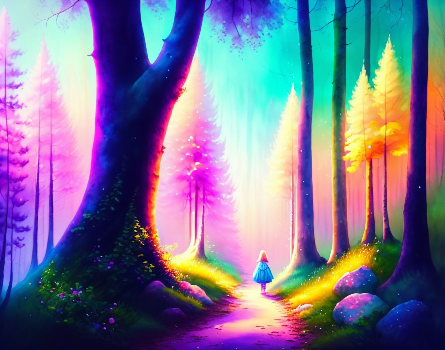 Neon-colored forest with figure in blue cloak walking away
