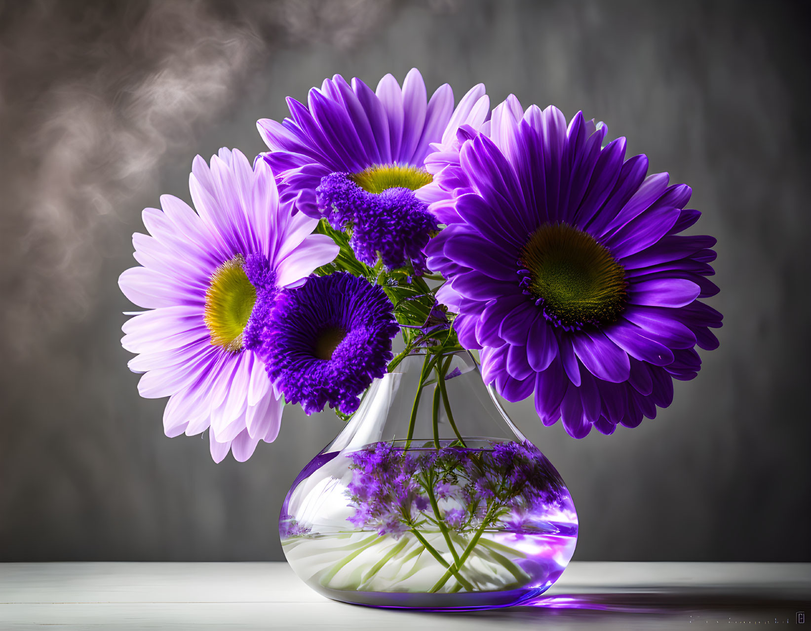  A hauntingly beautiful vase of purple daisies wit