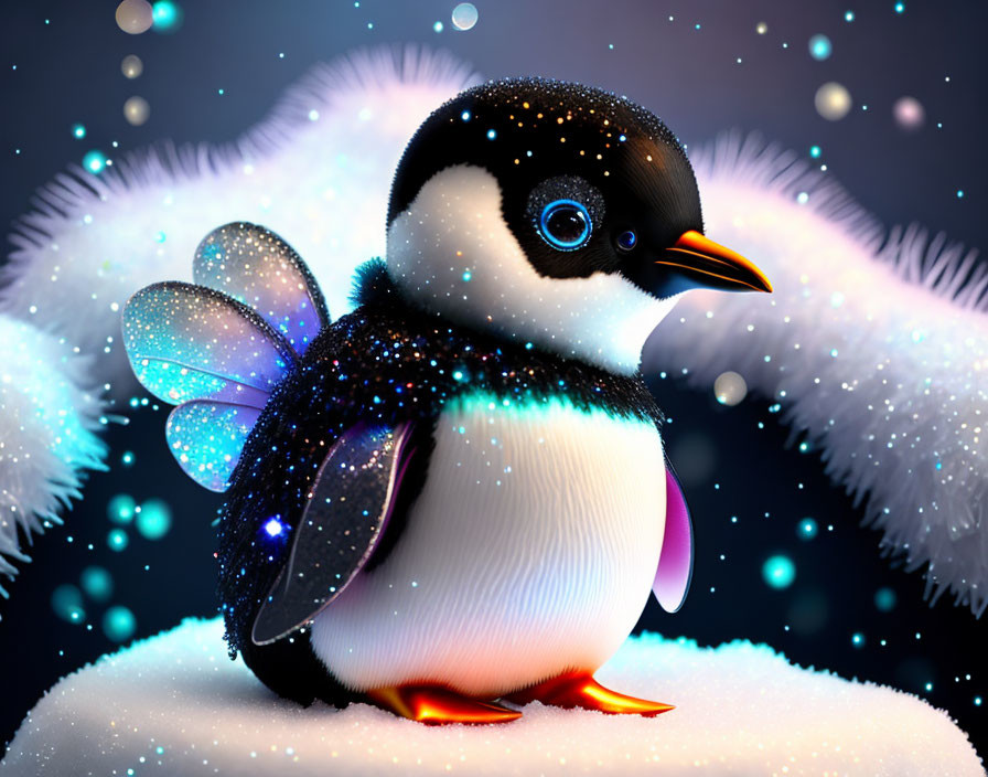 Penguin with fairy wings in snowy setting with glowing orbs