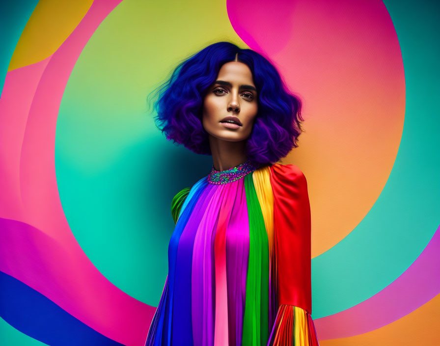 Blue-haired woman in rainbow attire against psychedelic swirl background