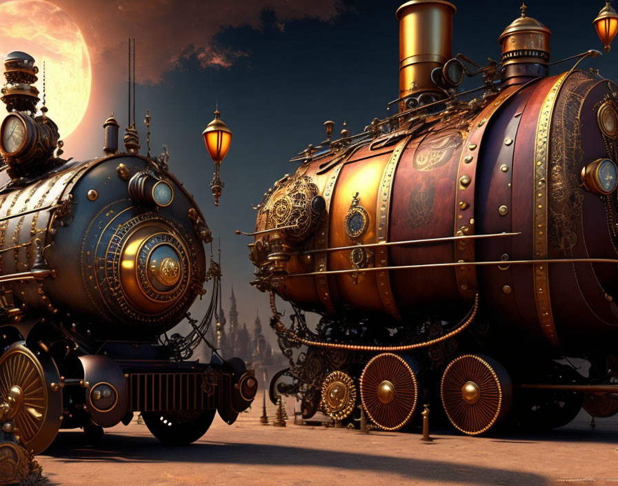 Intricate steampunk-style train with brass details in moonlit Victorian setting