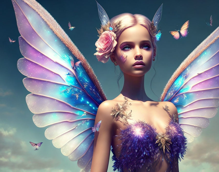 Fantastical female figure with iridescent butterfly wings surrounded by butterflies and flowers under blue sky