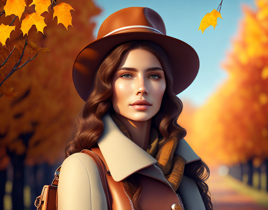 Young woman in an autumn outfit with hat and handb