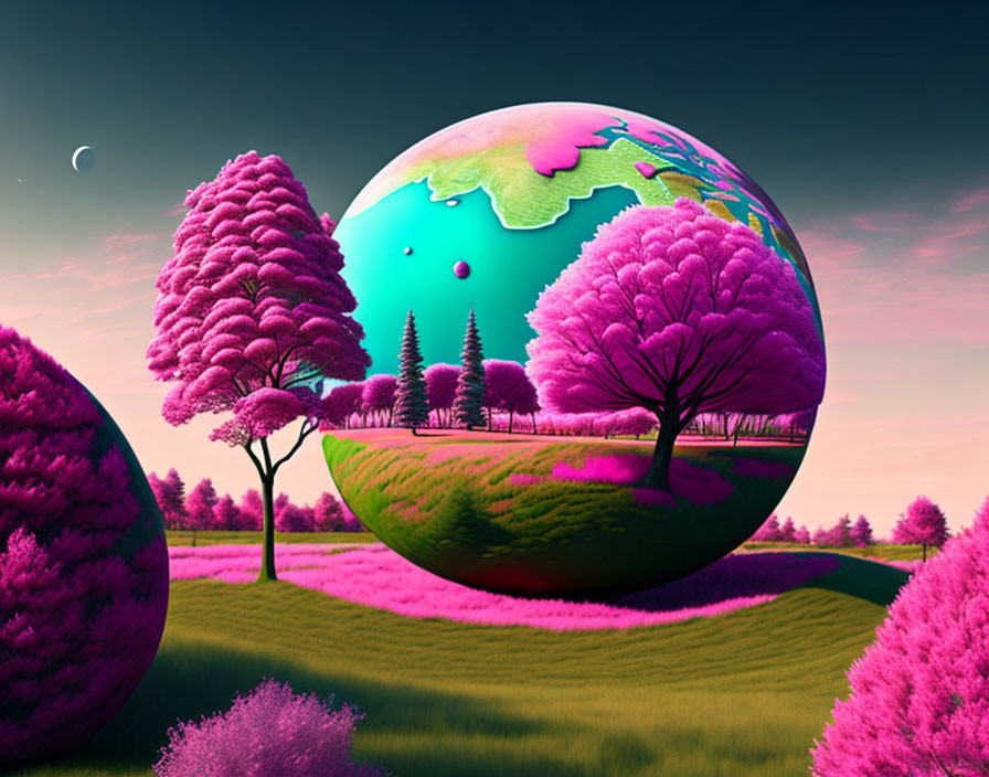  paysage Earth globe with pink trees and bushes 